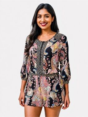 LovPosh Pink Black Paisley Romper Button up 3/4 Sleeves size S